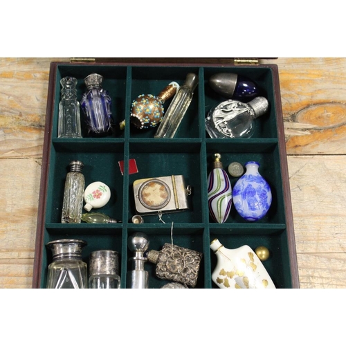 214 - A COLLECTION OF ASSORTED SCENT BOTTLES ETC TO INCLUDE HALLMARKED SILVER AND ORIENTAL EXAMPLES ETC