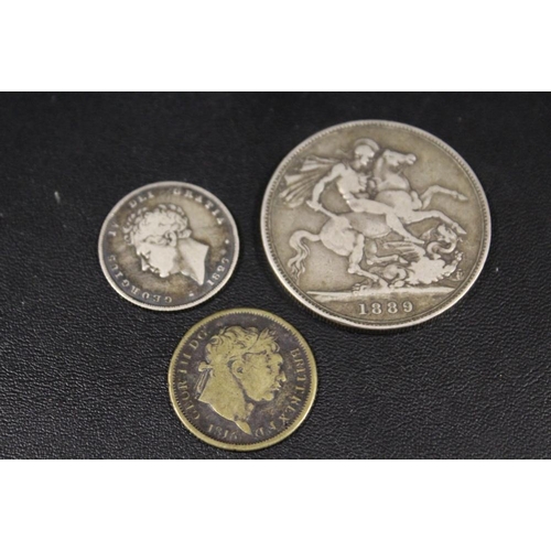 233 - THREE ANTIQUE BRITISH COINS INCLUDING A VICTORIAN CROWN DATED 1889