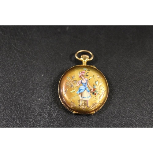 245 - AN ENAMEL FRONTED FULL HUNTER FOB WATCH WITH IMAGE OF A LADY IN A BLUE & WHITE DRESS AMONGST FLOWERS... 