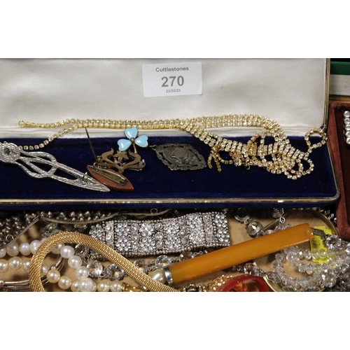 270 - A COLLECTION OF ASSORTED ,MODERN AND VINTAGE COSTUME JEWELLERY TO INCLUDE AN ENAMEL CLOVER BROOCH, H... 