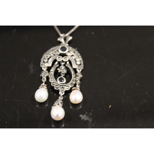 371 - A VINTAGE SILVER MARCASITE PEARL NECKLACE TOGETHER WITH MARCASITE DECO STYLE RING