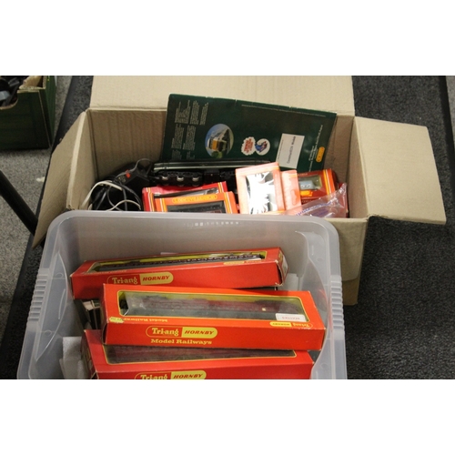 380 - A BOX OF MOSTLY MODEL RAILWAY ROLLING STOCK TO INCLUDE TRIANG & HORNBY