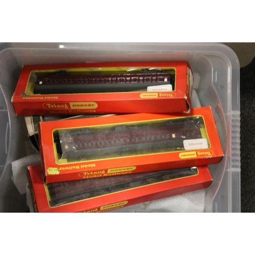 380 - A BOX OF MOSTLY MODEL RAILWAY ROLLING STOCK TO INCLUDE TRIANG & HORNBY