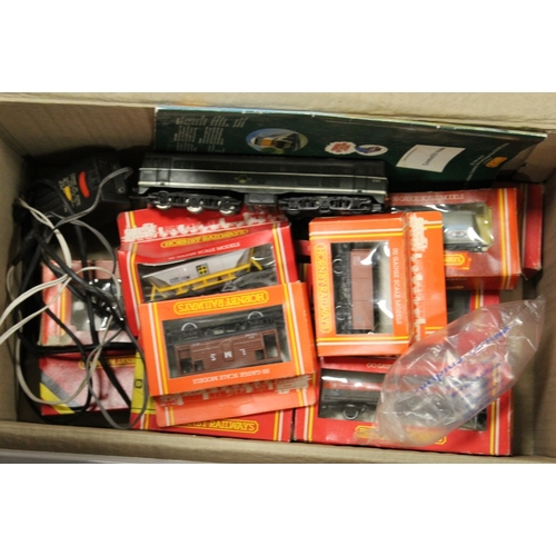 380 - A BOX OF MOSTLY MODEL RAILWAY ROLLING STOCK TO INCLUDE TRIANG & HORNBY