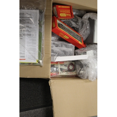 381 - A BOX OF HORNBY ROLLING STOCK, TRAIN TRACK, POWER CONTROLLERS ETC