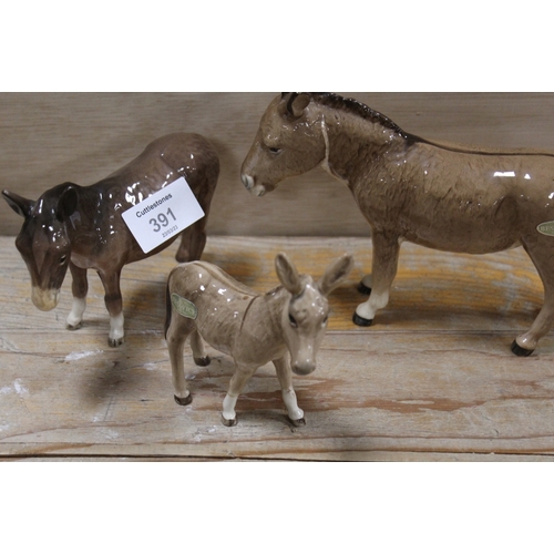 391 - TWO BESWICK DONKEYS WITH A FOAL (3)S/D