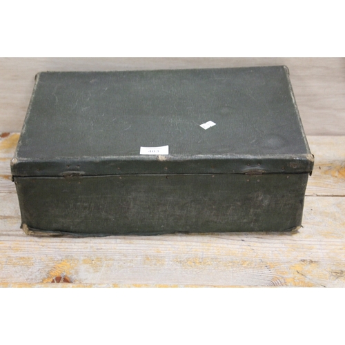 403 - A VINTAGE SMALL SUITCASE TOGETHER WITH A MILITARY TIN PLUS OTHERS