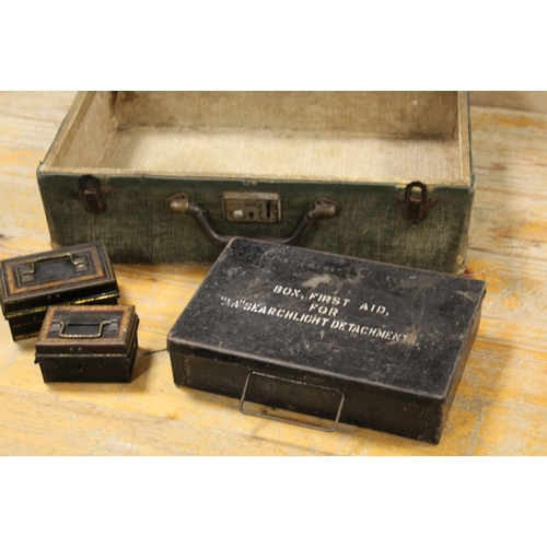 403 - A VINTAGE SMALL SUITCASE TOGETHER WITH A MILITARY TIN PLUS OTHERS