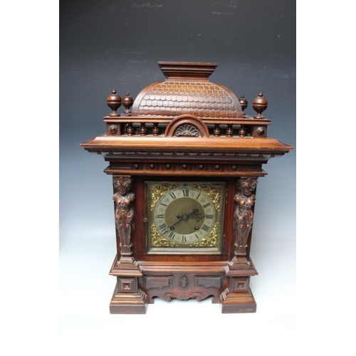 184 - A LATE 19TH CENTURY MAHOGANY BRACKET CLOCK BY R M SCHNEKENBURGER, of architectural outline, the case... 