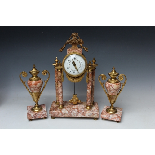 195 - A CONTINENTAL GILT PORTICO CLOCK GARNITURE, H 37 cm (3)