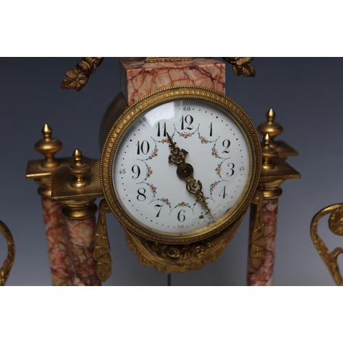 195 - A CONTINENTAL GILT PORTICO CLOCK GARNITURE, H 37 cm (3)