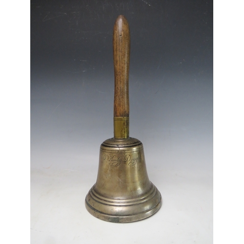 197 - A 19TH CENTURY ISLE OF MAN WOODEN HANDLED HANDBELL, inscribed J. Kewley, Douglas, 1835', overall H 3... 