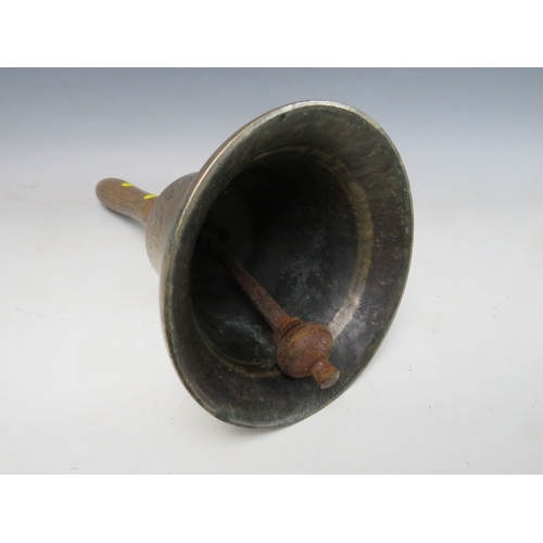 197 - A 19TH CENTURY ISLE OF MAN WOODEN HANDLED HANDBELL, inscribed J. Kewley, Douglas, 1835', overall H 3... 