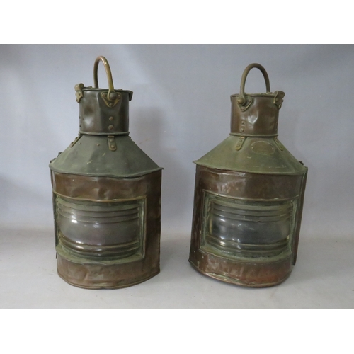 202 - TWO LARGE 19TH CENTURY OIL LANTERNS, with makers name on one 'Telford, Frier & Mackay, Glasgow', H 4... 