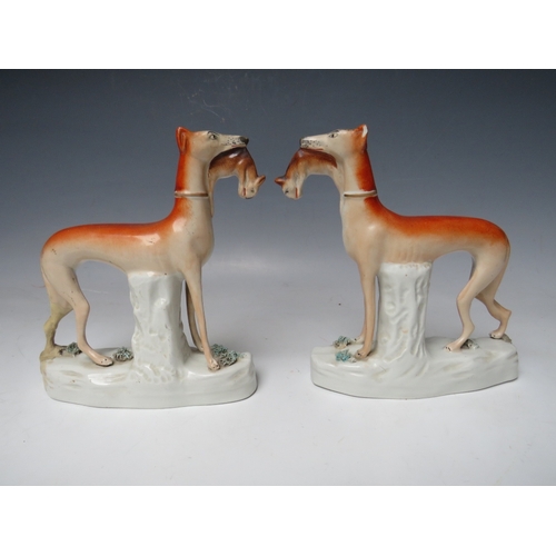 398 - A PAIR OF 19TH CENTURY STAFFORDSHIRE GREYHOUNDS WITH HARES IN THEIR MOUTHS, H 19 cm (2)