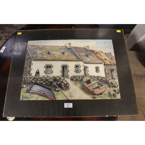 66 - A CLIP FRAMED WATERCOLOUR OF BOATS AND LOBSTER POTS IN FRONT OF A WELSH COTTAGE SIGNED LOWER LEFT YA... 