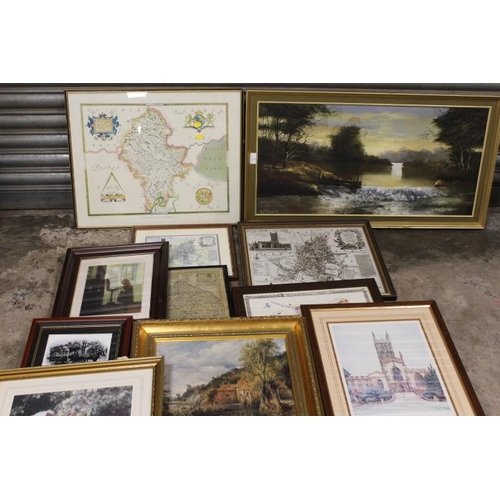 1 - A QUANTITY OF PICTURES AND PRINTS TO INCLUDE AN OIL ON CANVAS OF A RIVER WEIR, MAPS ETC