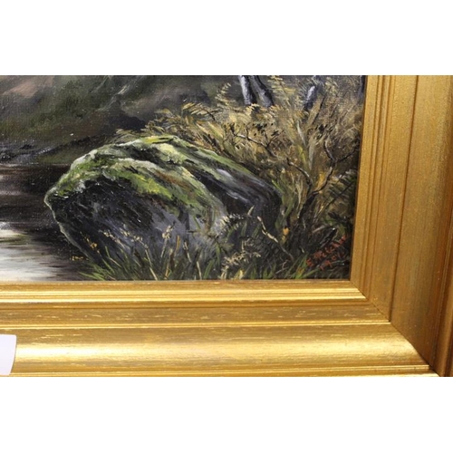 15 - A SMALL OIL ON CANVAS OF A MOUNTAINOUS RIVER SCENE INDISTINCTLY SIGNED LOWER RIGHT