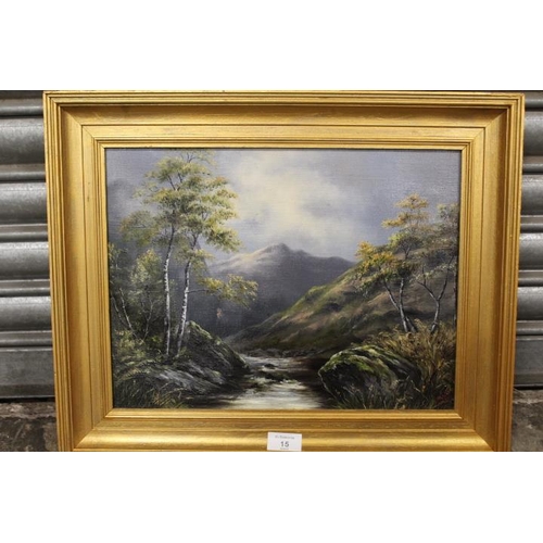 15 - A SMALL OIL ON CANVAS OF A MOUNTAINOUS RIVER SCENE INDISTINCTLY SIGNED LOWER RIGHT