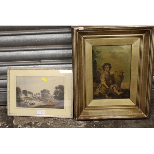 17 - A GILT FRAMED PICTURE OF A BOY WITH A SHEEP TOGETHER WITH A WATERCOLOUR OF PEOPLE BOATING ON A RIVER... 