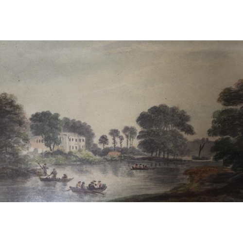 17 - A GILT FRAMED PICTURE OF A BOY WITH A SHEEP TOGETHER WITH A WATERCOLOUR OF PEOPLE BOATING ON A RIVER... 