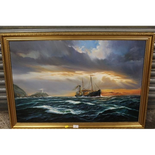 2 - AN OIL ON CANVAS OF A STEAMSHIP AT SEA SIGNED LOWER RIGHT ENTWISTLE