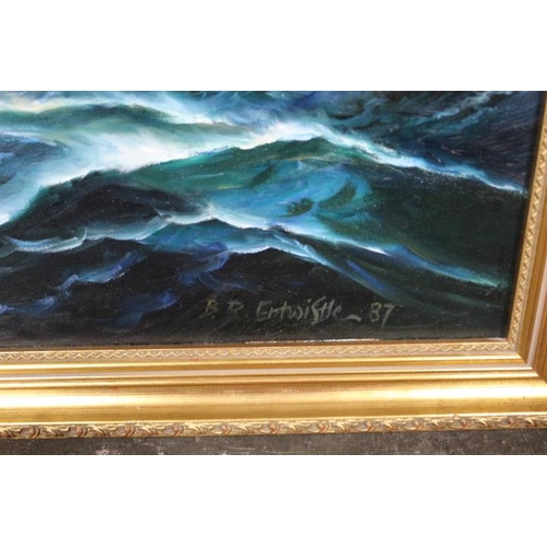 2 - AN OIL ON CANVAS OF A STEAMSHIP AT SEA SIGNED LOWER RIGHT ENTWISTLE