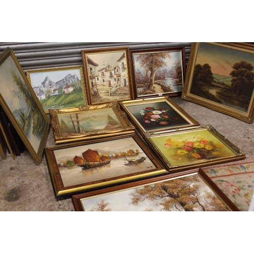 22 - A SELECTION OF FRAMED OILS ON CANVAS ETC TO INCLUDE WOODLAND SCENES