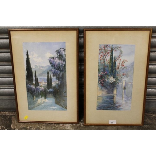 26 - A PAIR OF FRAMED AND GLAZED WATERCOLOUR ON PAPER ITALIAN LAKE SCENES - BOTH INDISTINCTLY SIGNED