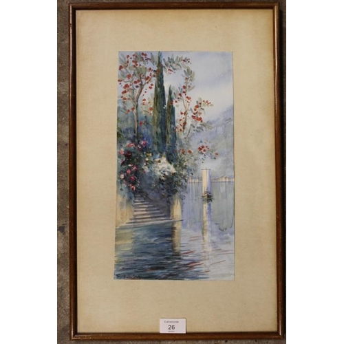 26 - A PAIR OF FRAMED AND GLAZED WATERCOLOUR ON PAPER ITALIAN LAKE SCENES - BOTH INDISTINCTLY SIGNED