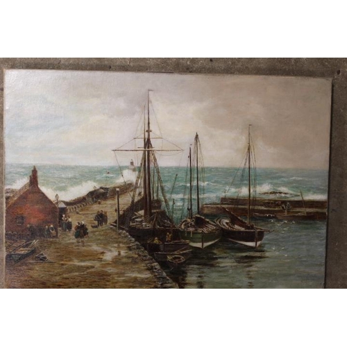 3 - AN OIL ON CANVAS STORMY COASTAL HARBOUR SCENE WITH BOATS AND FIGURES