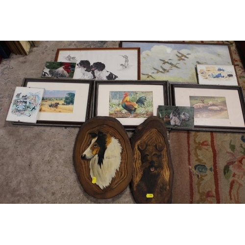 40 - A SELECTION OF PICTURES AND PRINTS TO INCLUDE CARVED WOODEN DOG PLAQUES ETC