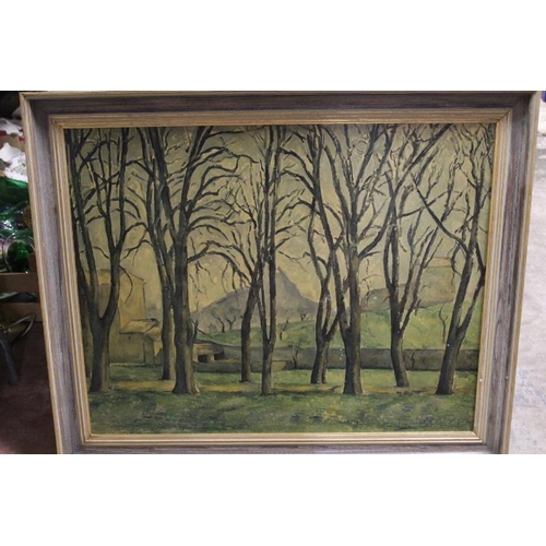 42 - A FRAMED LITHOGRAPH ON BOARD OF A WOODED SCENE