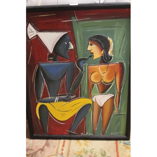 44 - A MODERNIST STYLE FIGURAL FRAMED OIL ON BOARD FROM SRI LANKA