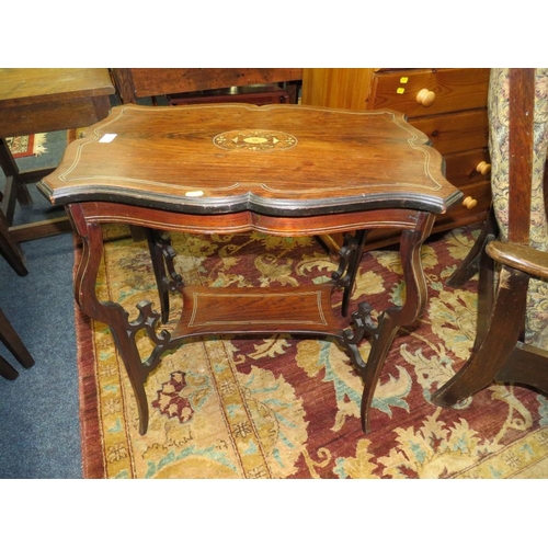 817 - AN EDWARDIAN ROSEWOOD INLAID TWO TIER OCCASIONAL TABLE