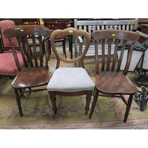 825 - TWO TRADITIONAL KITCHEN CHAIRS AND A VICTORIAN CHAIR (3)