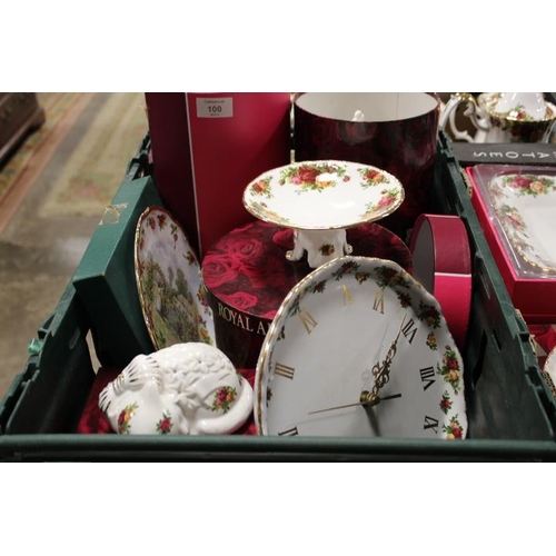 100 - TWO TRAYS OF ASSORTED CERAMICS TO INCLUDE ROYAL ALBERT OLD COUNTRY ROSES VASE, CAT POMANDER, CLOCK, ... 