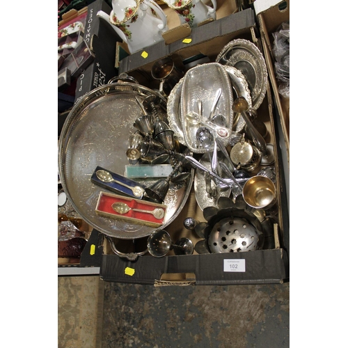 102 - A TRAY OF ASSORTED METALWARE TO INCLUDE GOBLETS, SERVING TRAY, ETC