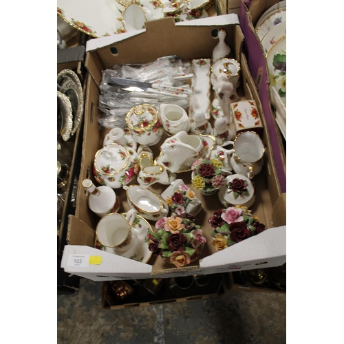 103 - A TRAY OF MOSTLY ROYAL ALBERT OLD COUNTRY ROSES TO INCLUDE CUTLERY, ANIMAL FIGURES, PIN DISHES ETC