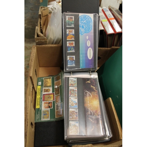 107 - A COLLECTION OF ASSORTED STAMPS, FIRST DAY COVERS, POSTCARDS ETC., CONTAINED IN TWO TRAYS