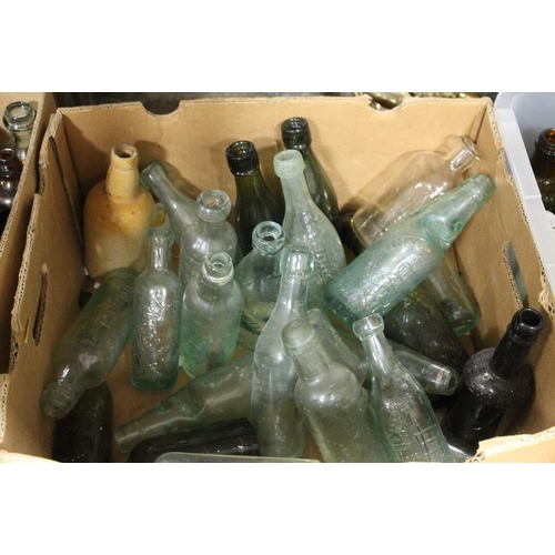 112 - THREE BOXES OF ASSORTED VINTAGE GLASS ADVERTISING BOTTLES - CODS, TORPEDO'S, LEMONADE AND MOTOR RELA... 