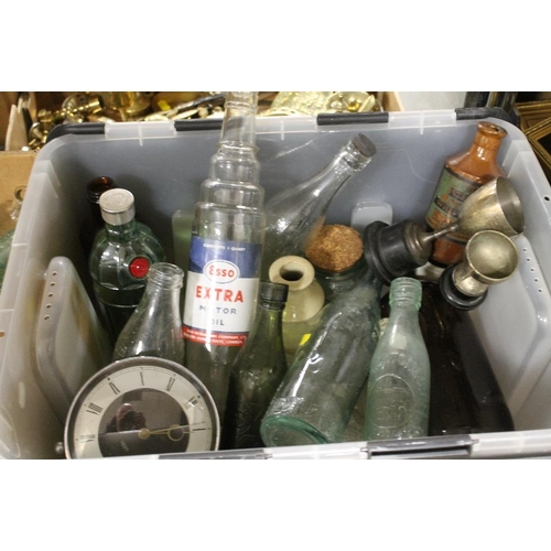 112 - THREE BOXES OF ASSORTED VINTAGE GLASS ADVERTISING BOTTLES - CODS, TORPEDO'S, LEMONADE AND MOTOR RELA... 