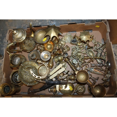 115 - TWO TRAYS OF ASSORTED BRASSWARE TOGETHER WITH A TRAY OF ASSORTED COPPERWARE (3)