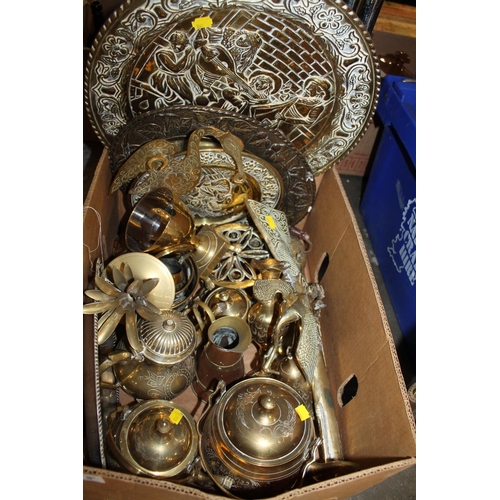 115 - TWO TRAYS OF ASSORTED BRASSWARE TOGETHER WITH A TRAY OF ASSORTED COPPERWARE (3)