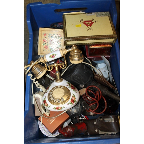 116 - THREE CRATES OF ASSORTED SUNDRIES ETC TO INCLUDE AN OLD COUNTRY ROSES TELEPHONE, WOODEN BOXES, VINTA... 