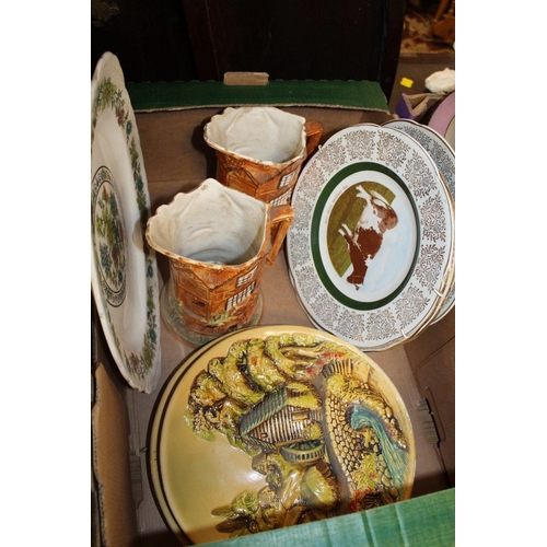 117 - TWO TRAYS OF ASSORTED CERAMICS ETC TO INC A COLLECTION OF CATTLE SERIES PLATES, DRESSING TABLE JUG A... 