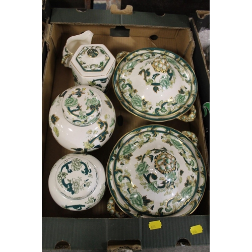 119 - A LARGE COLLECTION OF MASONS IRONSTONE GREEN CHARTREUSE TO INCLUDE TUREENS, DINNER PLATES, GINGERS, ... 