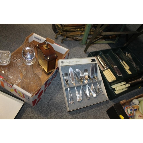 127 - A TRAY OF ASSORTED DECANTERS AND A CLOCK TOGETHER WITH A SELECTION OF FLATWARE ETC