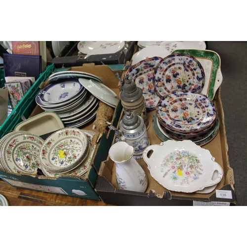 136 - TWO TRAYS OF ASSORTED CERAMICS ETC TO INCLUDE IRONSTONE STYLE PLATES. BEER STEINS, AYNSLEY, ALFRED M... 