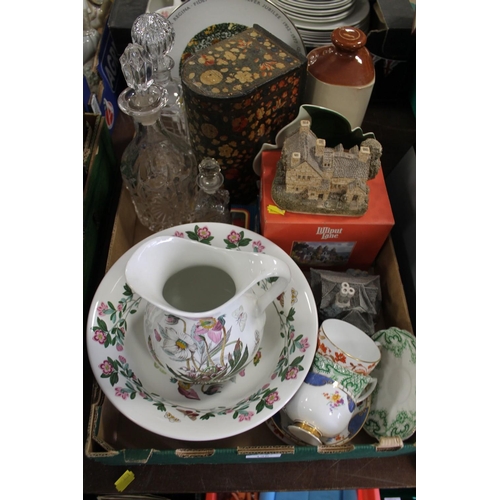 138 - A TRAY OF ASSORTED CERAMICS AND GLASSWARE TO INCLUDE CUT GLASS DECANTERS, PORTMEIRION JUG AND BOWL, ... 